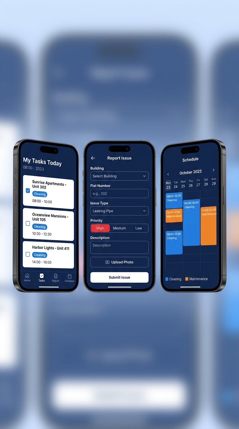 Jensa Group mobile app screens showing daily tasks, issue reporting, and schedule calendar