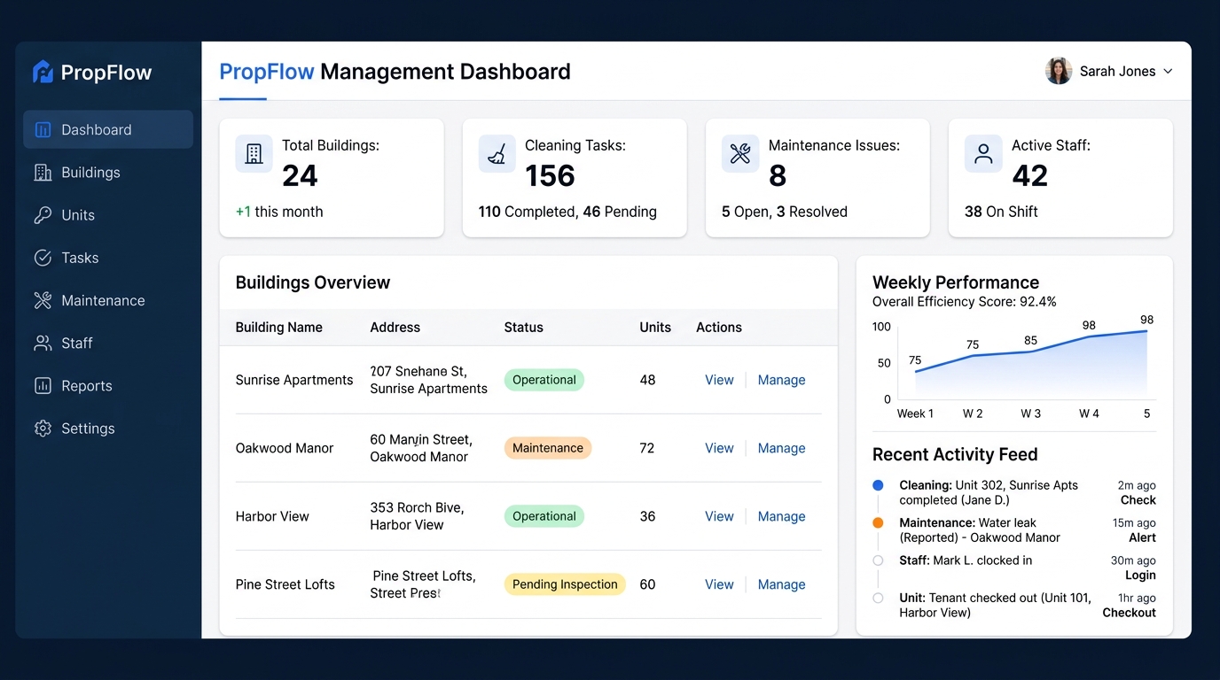 Jensa Group property management dashboard showing buildings, cleaning tasks, maintenance issues, and staff statistics